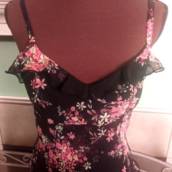 Floral T-Strap Cocktail Dress with Ruffles, Lined Dress, Date Night Dress - Picture 7 of 12